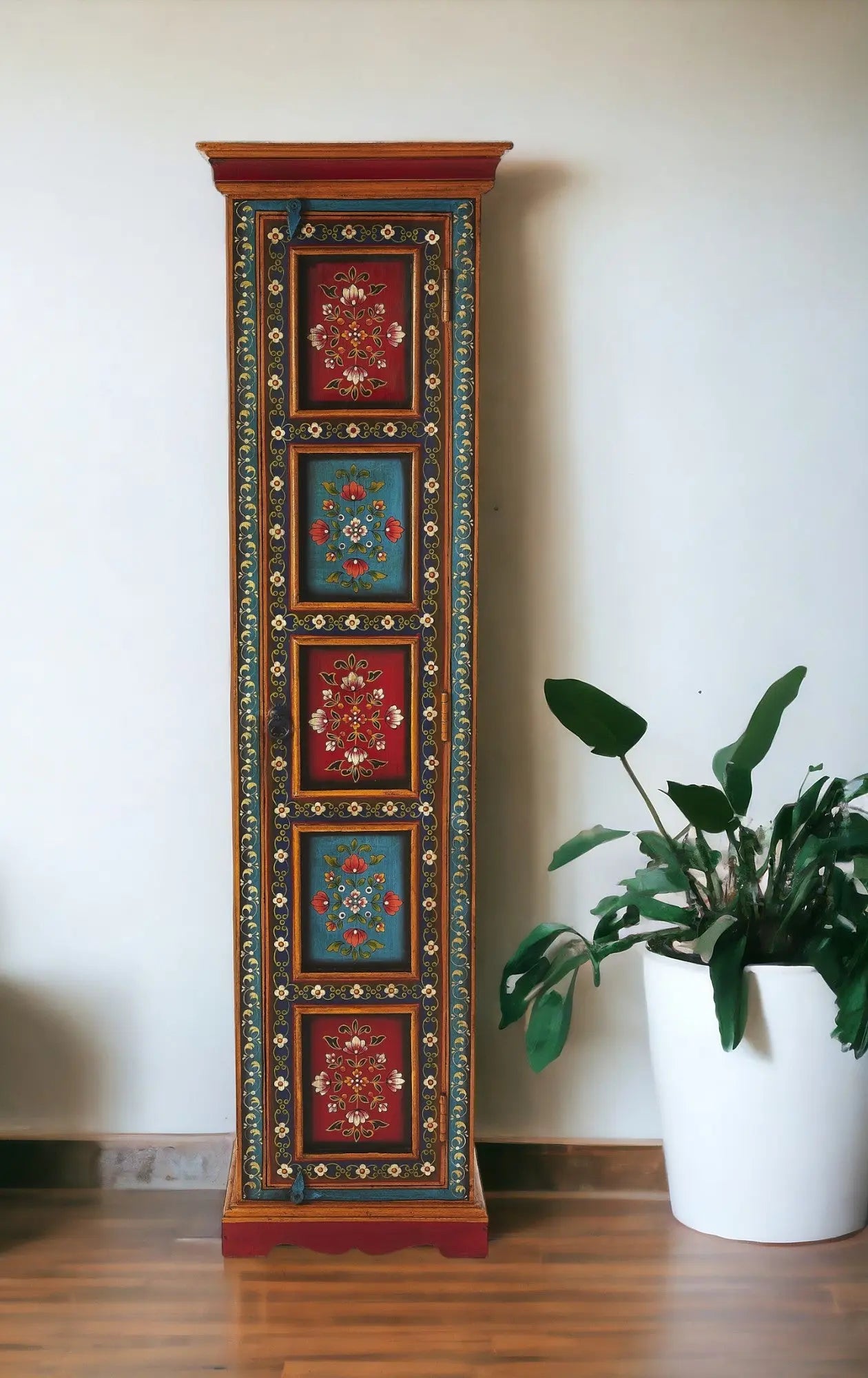 60" Red Blue and Gold Hand Painted Accent Cabinet Homeroots Kitchen & Dining
