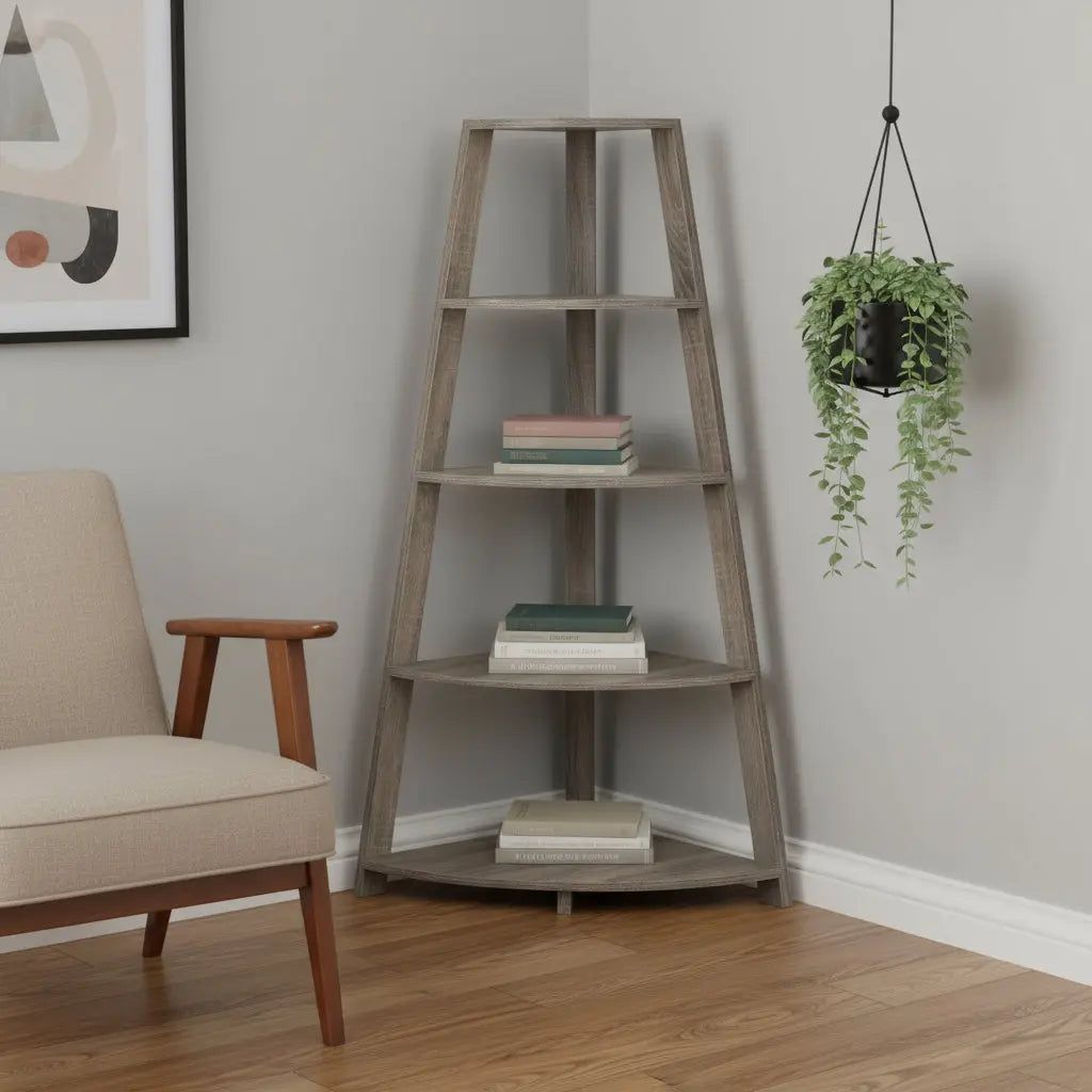 60" Taupe Wood Four Tier Corner Bookcase Homeroots Office