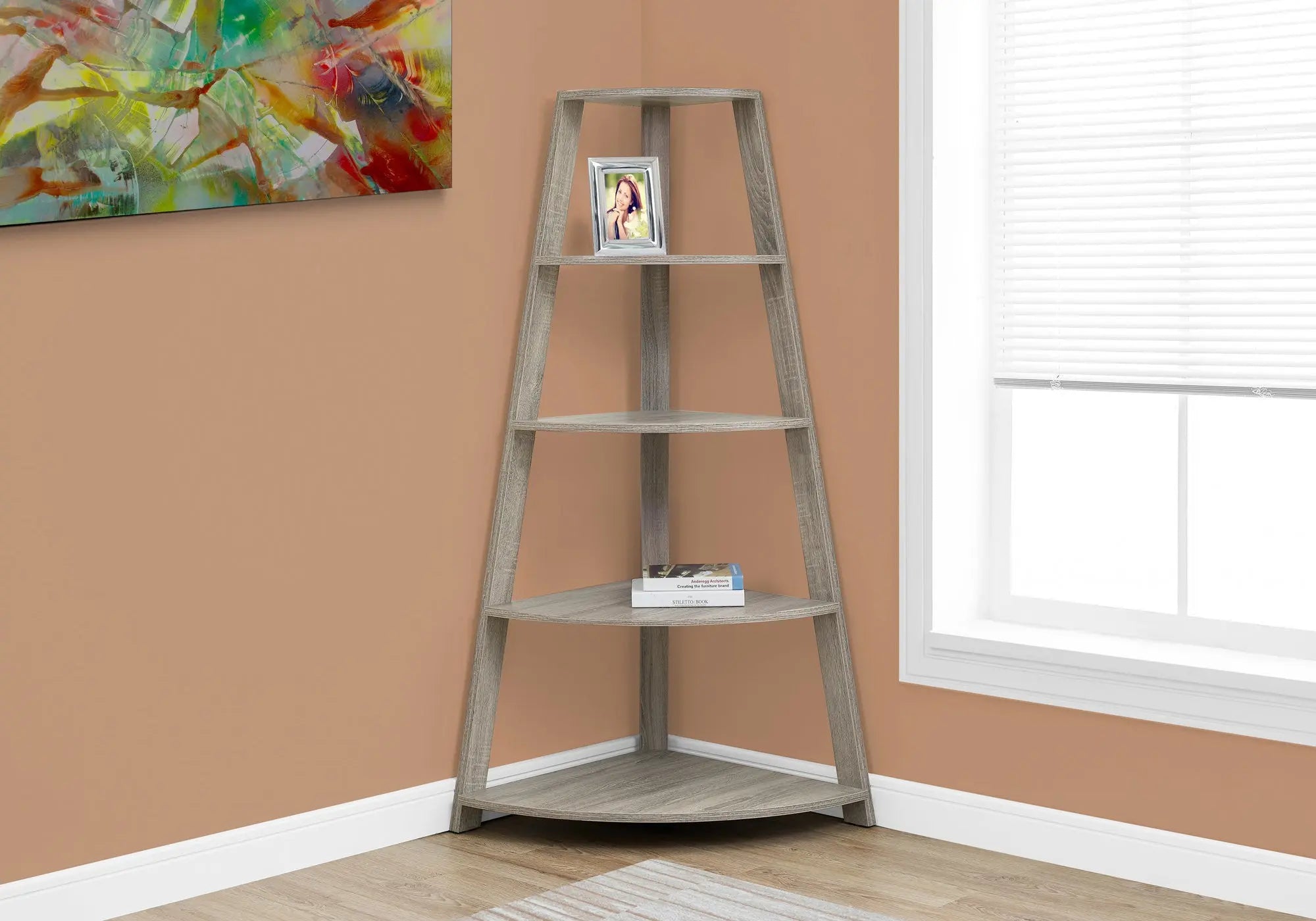 60" Taupe Wood Four Tier Corner Bookcase Homeroots Office