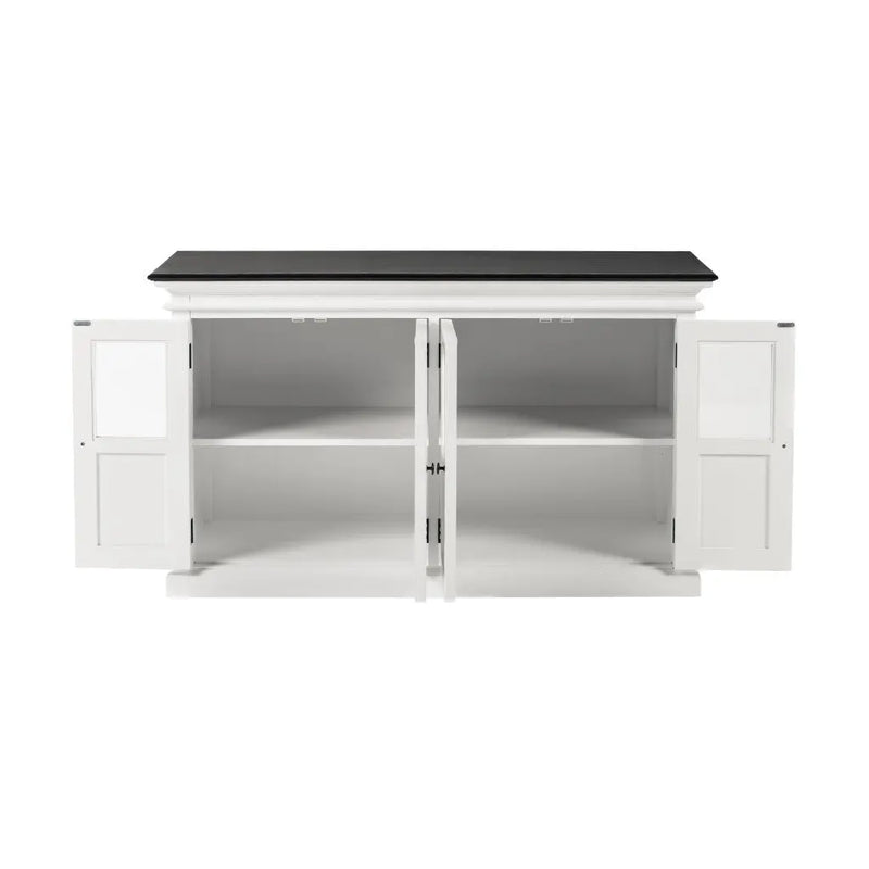 60" White And Black Solid Wood Paneled Buffet Table with Four Glass Doors Homeroots Kitchen & Dining