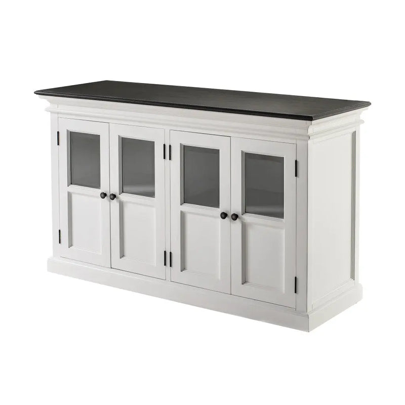 60" White And Black Solid Wood Paneled Buffet Table with Four Glass Doors Homeroots Kitchen & Dining