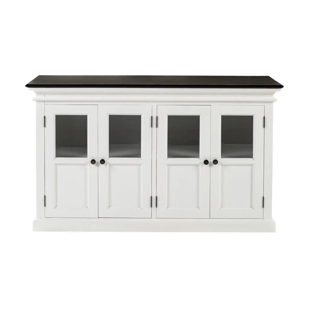 60" White And Black Solid Wood Paneled Buffet Table with Four Glass Doors Homeroots Kitchen & Dining