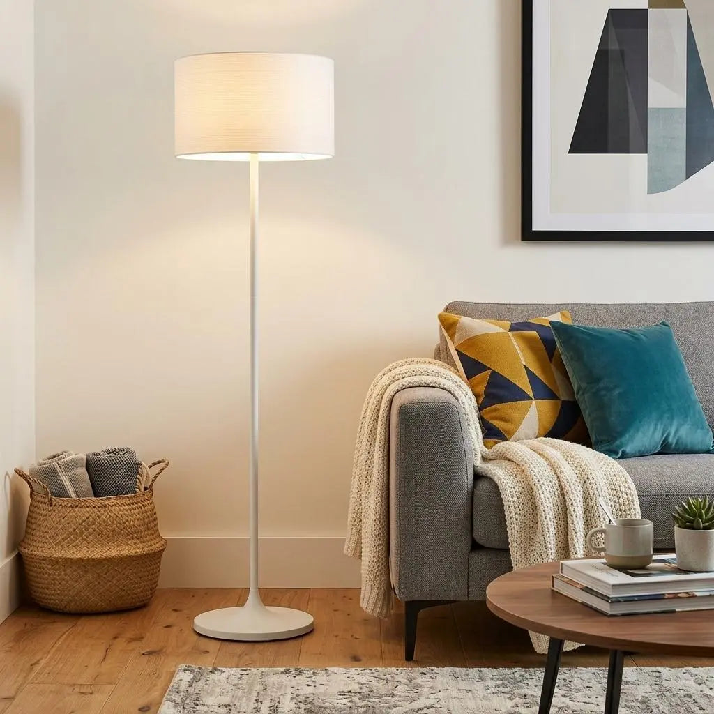 60" White Floor Lamp With White Fabric Drum Shade Homeroots Lighting