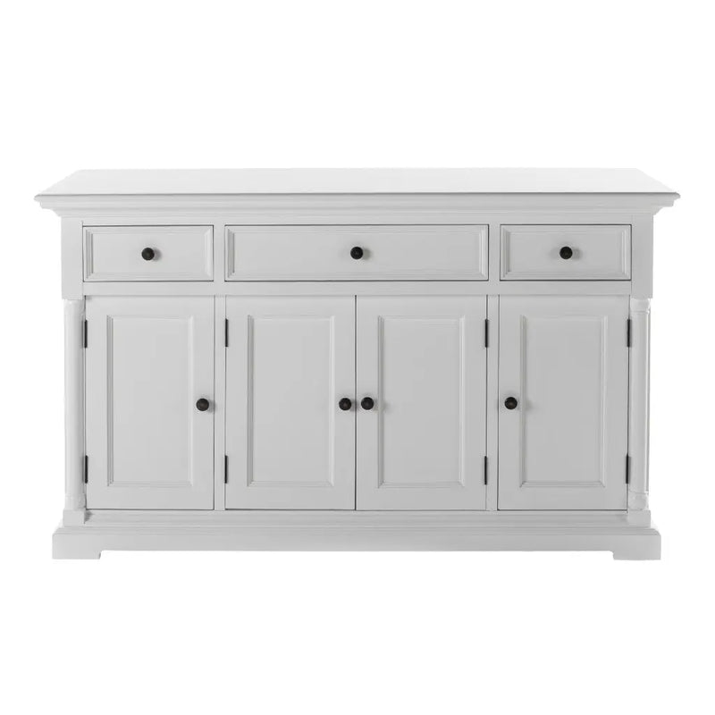 60" White Solid Wood Paneled Three Drawer Buffet Table with Four Doors Homeroots Kitchen & Dining