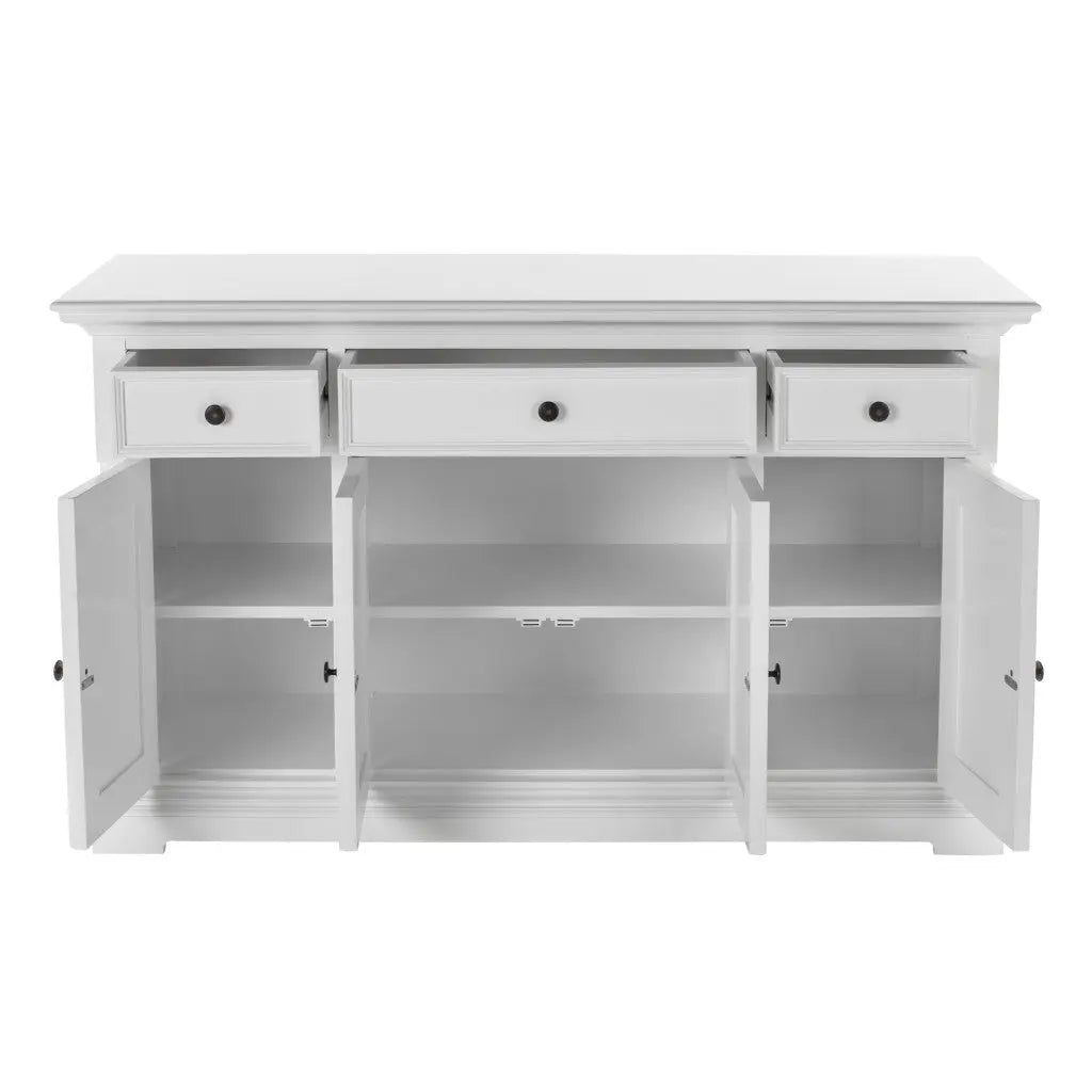 60" White Solid Wood Paneled Three Drawer Buffet Table with Four Doors Homeroots Kitchen & Dining