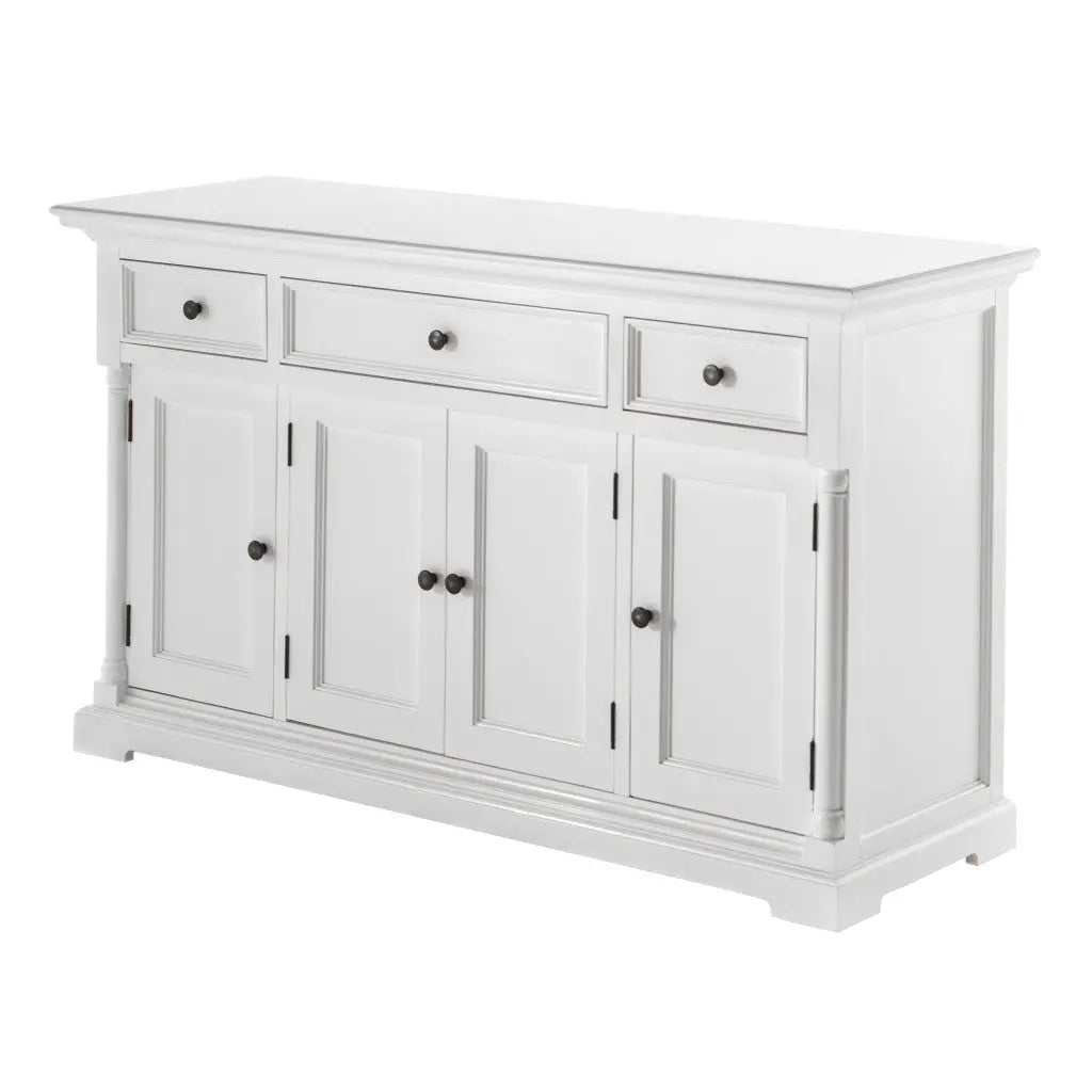 60" White Solid Wood Paneled Three Drawer Buffet Table with Four Doors Homeroots Kitchen & Dining