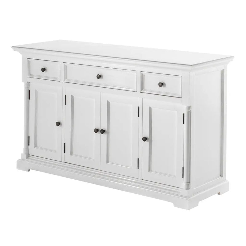 60" White Solid Wood Paneled Three Drawer Buffet Table with Four Doors Homeroots Kitchen & Dining
