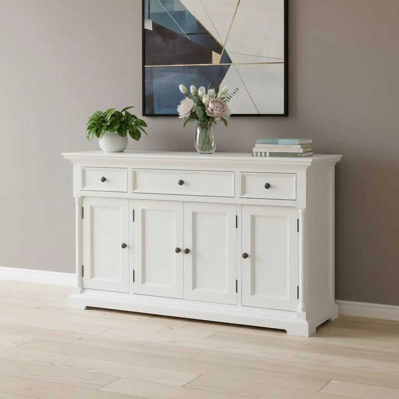 60" White Solid Wood Paneled Three Drawer Buffet Table with Four Doors Homeroots Kitchen & Dining