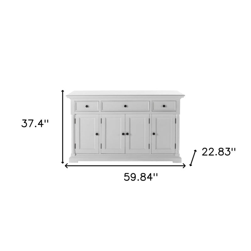 60" White Solid Wood Paneled Three Drawer Buffet Table with Four Doors Homeroots Kitchen & Dining