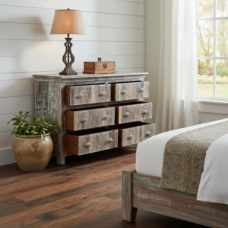 60" White Solid Wood Six Drawer Double Dresser Homeroots Bed & Bath
