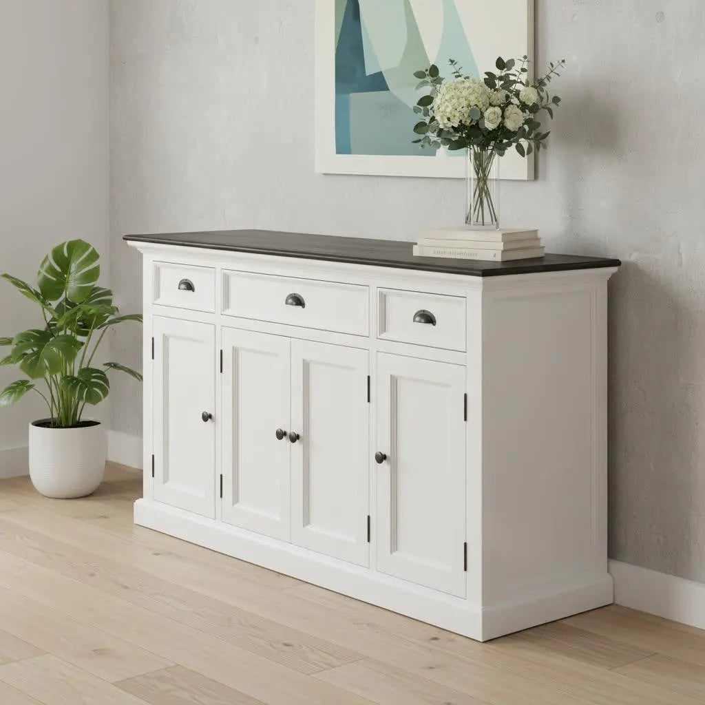 60" White & Black Solid Wood Buffet Table Homeroots Kitchen & Dining