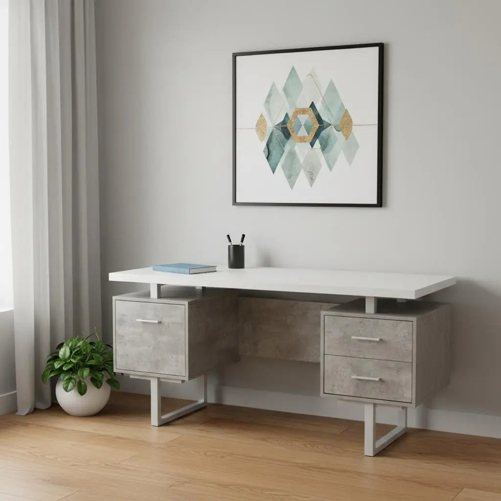 60" White and Gray Computer Desk With Three Drawers Homeroots Office