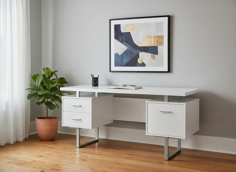 24" White and Silver Computer Desk With Three Drawers - GreatEagleInc
