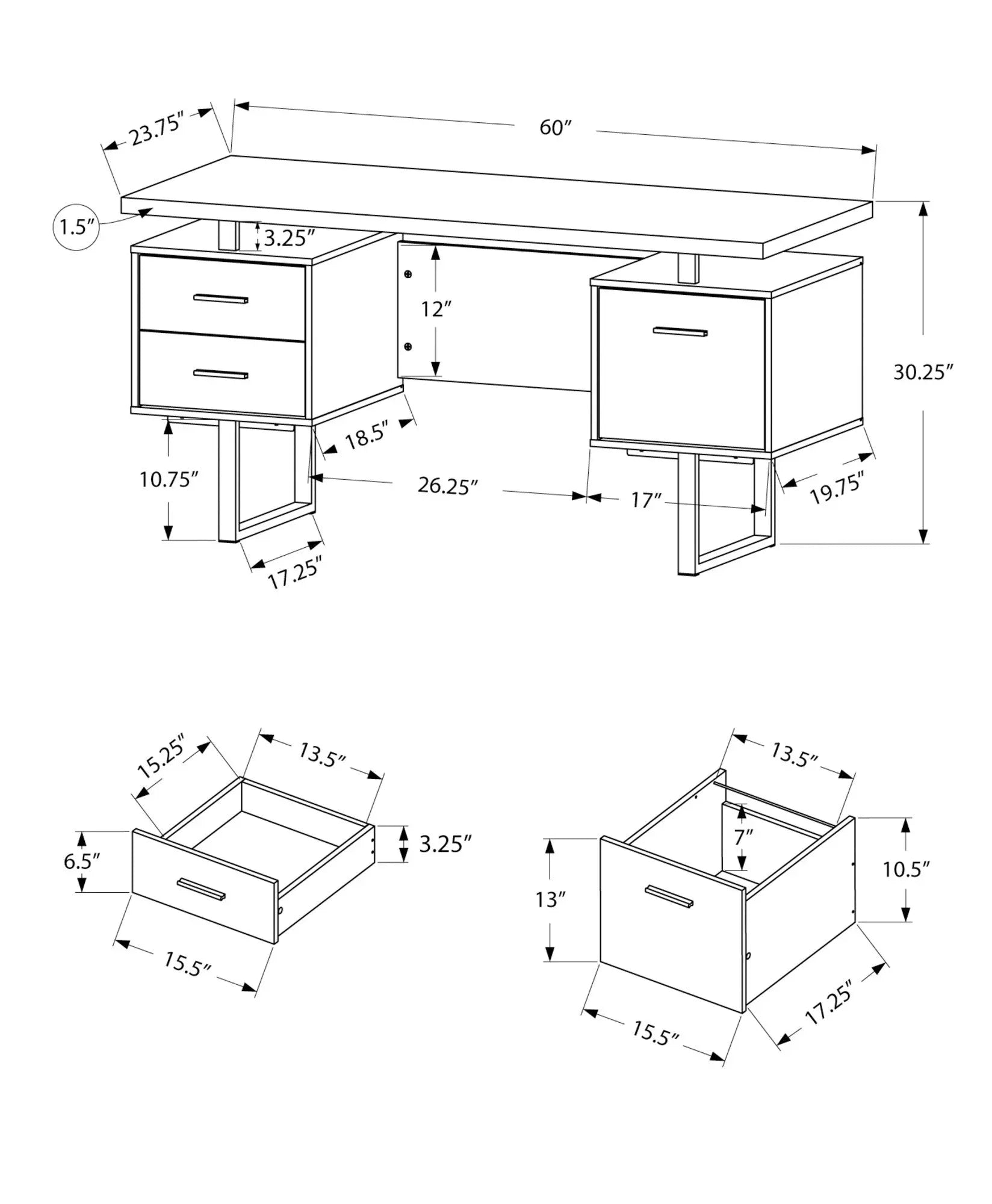 24" White and Silver Computer Desk With Three Drawers - GreatEagleInc
