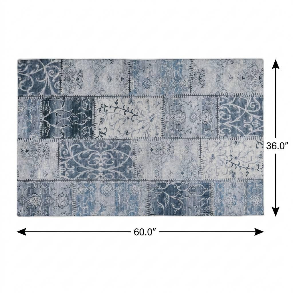 3' X 5' Denim Blue And Blue Floral Shag Washable Area Rug With UV Protection - Home & Garden