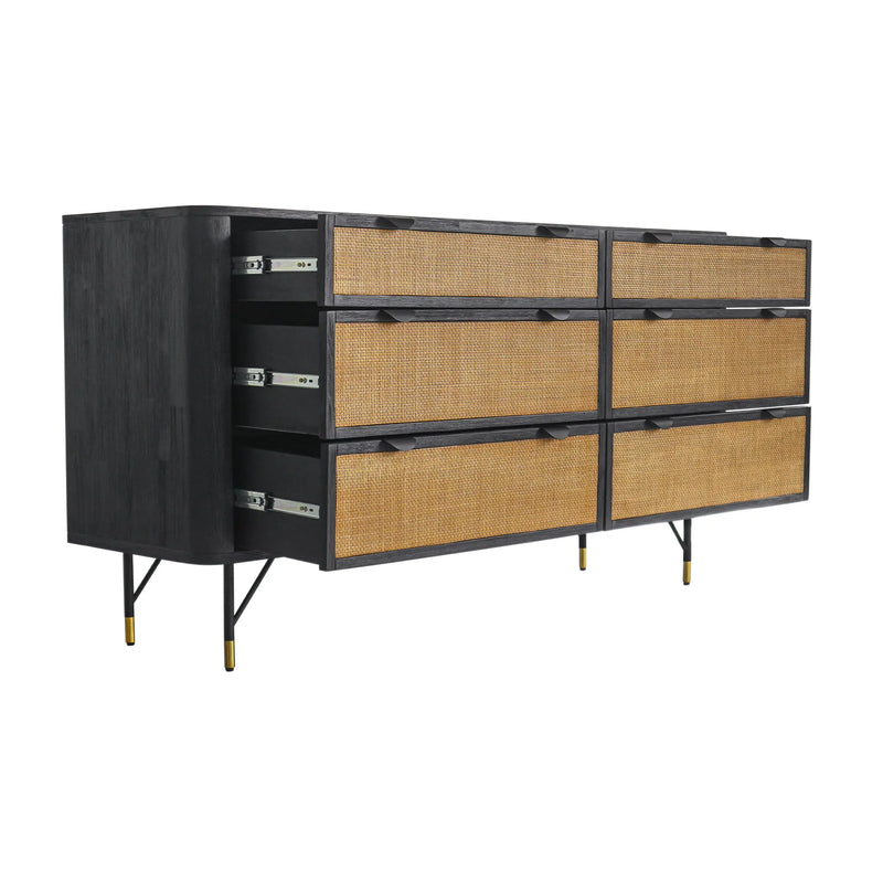 61" Black And Natural Solid Wood Six Drawer Double Dresser Homeroots Bed & Bath