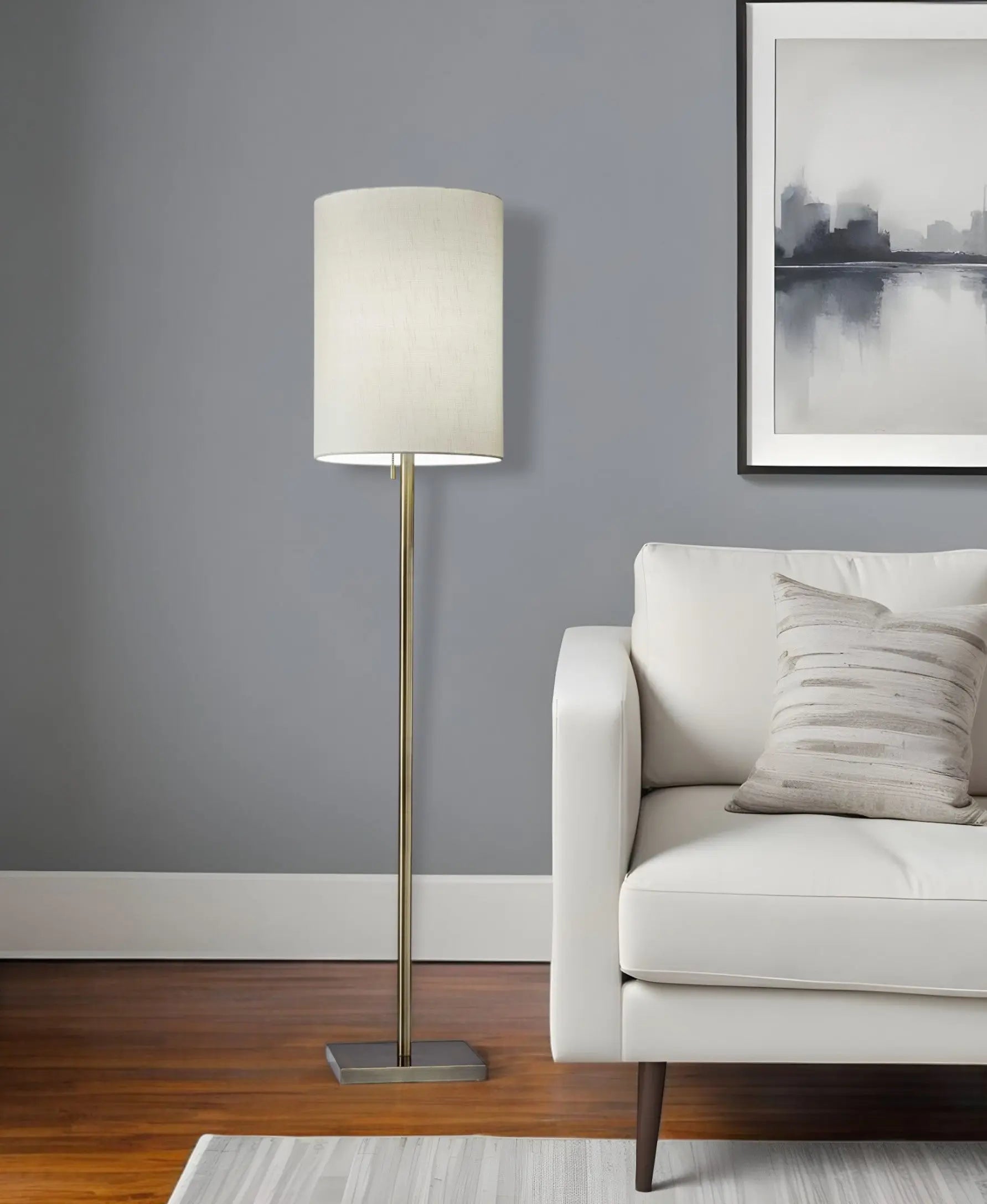61" Brass Metal Floor Lamp With White Fabric Cylinder Shade Homeroots Lighting