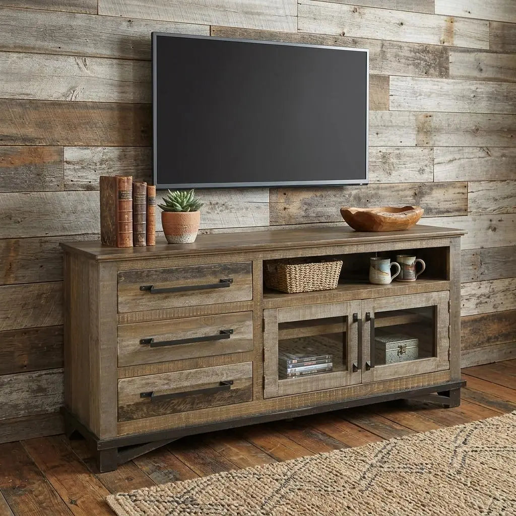 61" Brown Solid Wood Cabinet Enclosed Storage Distressed TV Stand Homeroots Living Room
