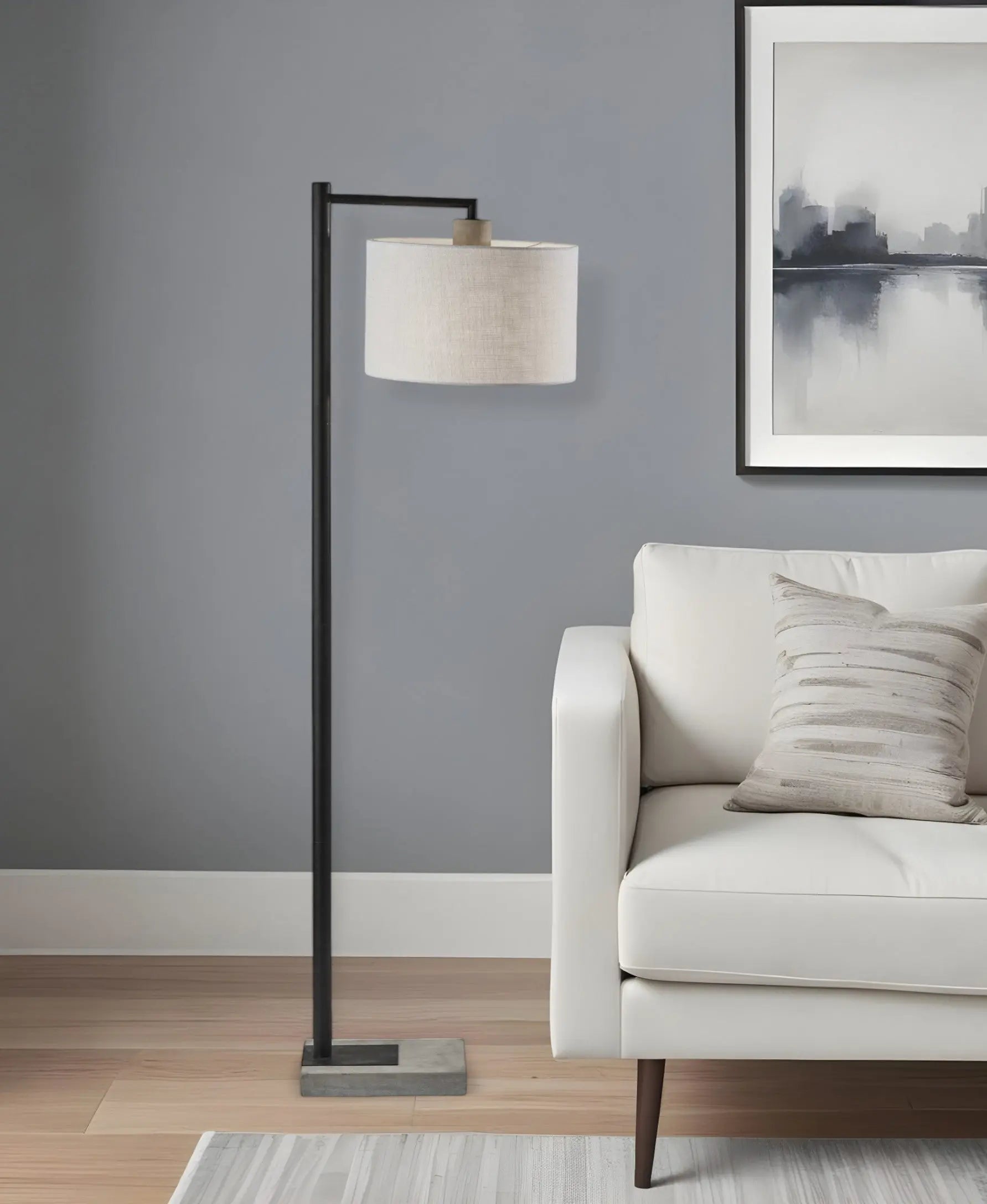 61" Grey And Black Arc Floor Lamp With White Fabric Drum Shade Homeroots Lighting