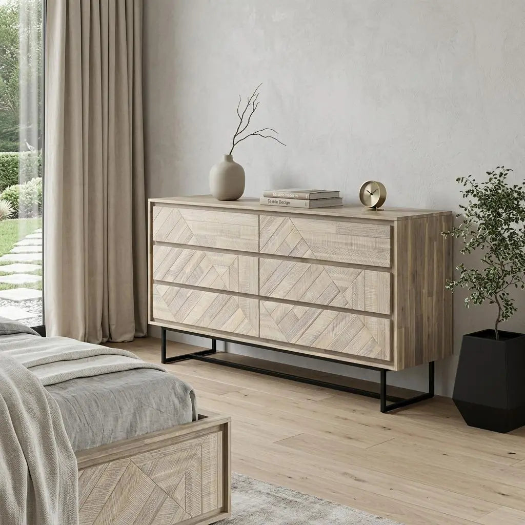 61" Natural Solid Wood Six Drawer Double Dresser Homeroots Bed & Bath