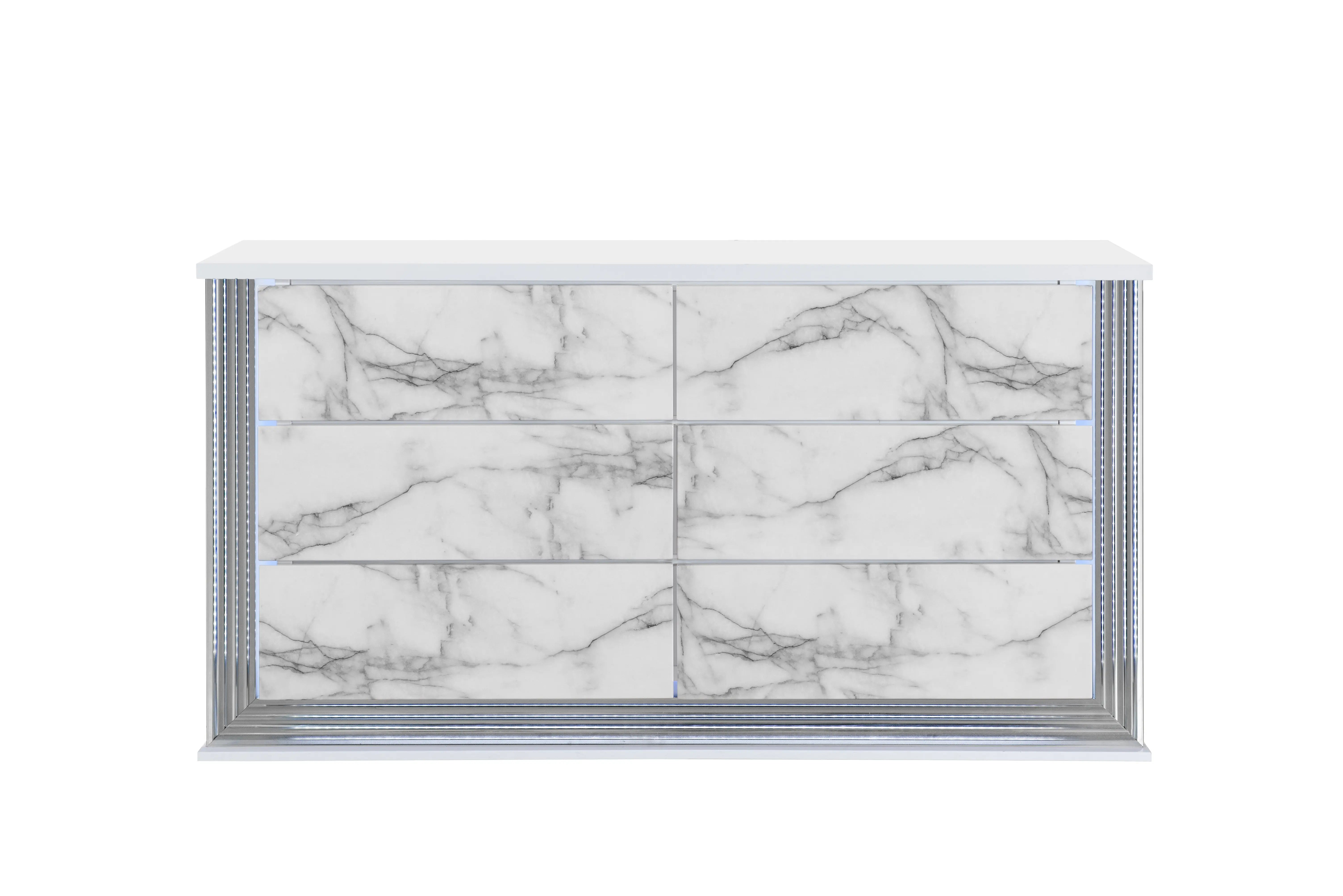 61" White Faux Marble And Wood Lighted Six Drawer Double Dresser Homeroots Bed & Bath