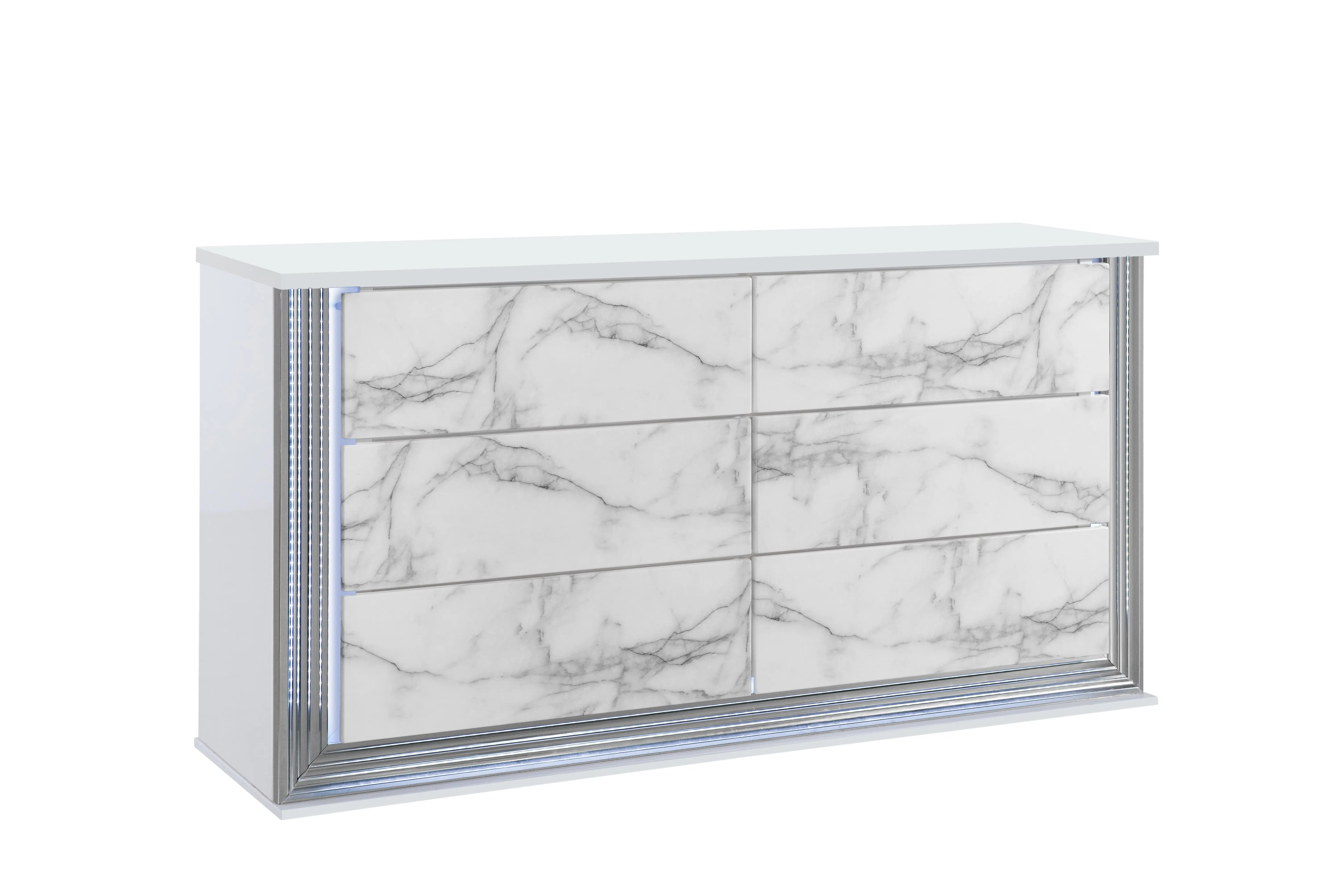 61" White Faux Marble And Wood Lighted Six Drawer Double Dresser Homeroots Bed & Bath