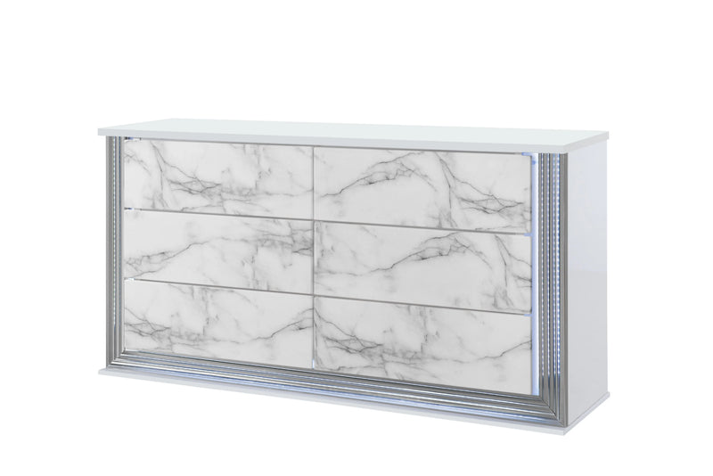 61" White Faux Marble And Wood Lighted Six Drawer Double Dresser Homeroots Bed & Bath