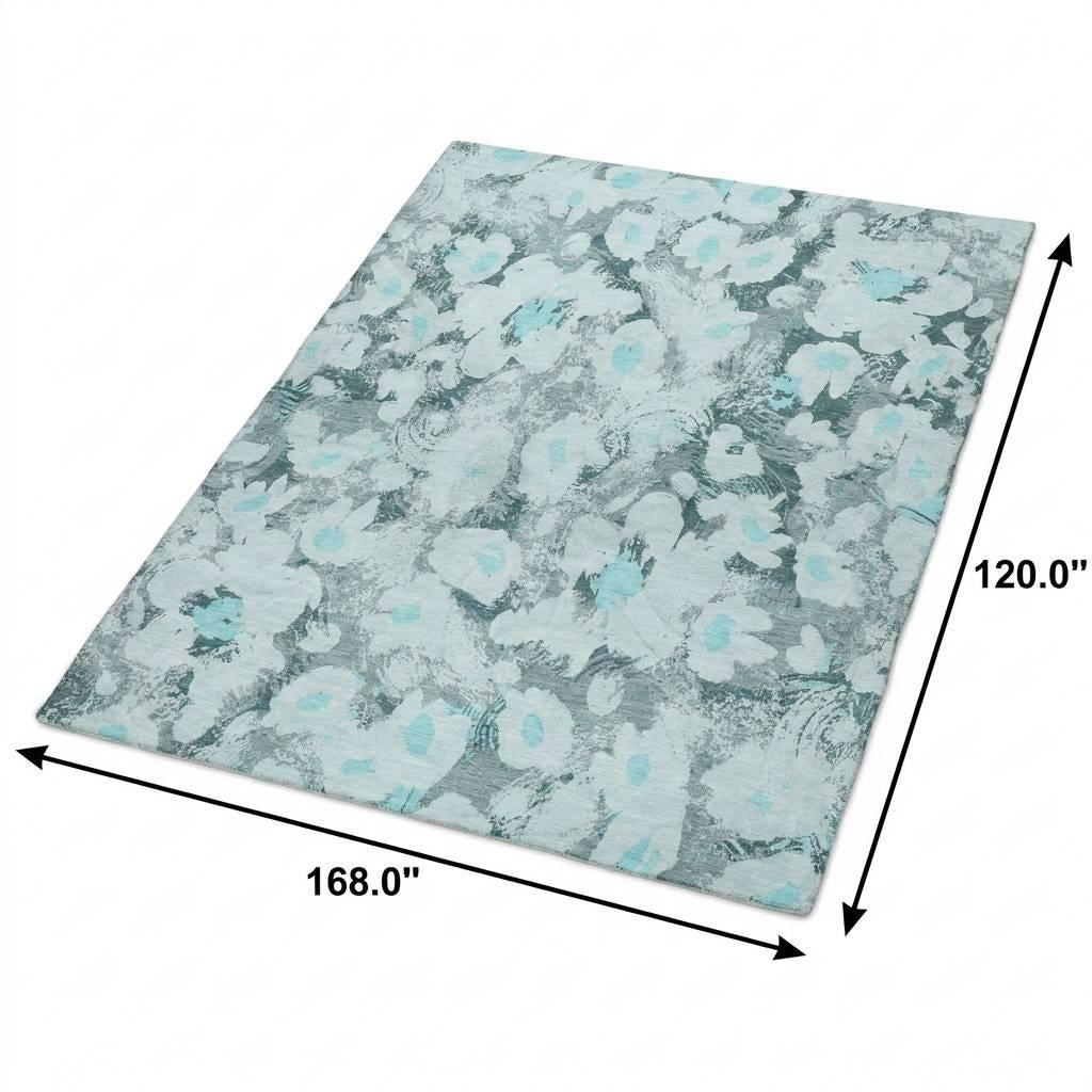 10' X 14' Teal And Gray Floral Shag Washable Area Rug With UV Protection - Home & Garden