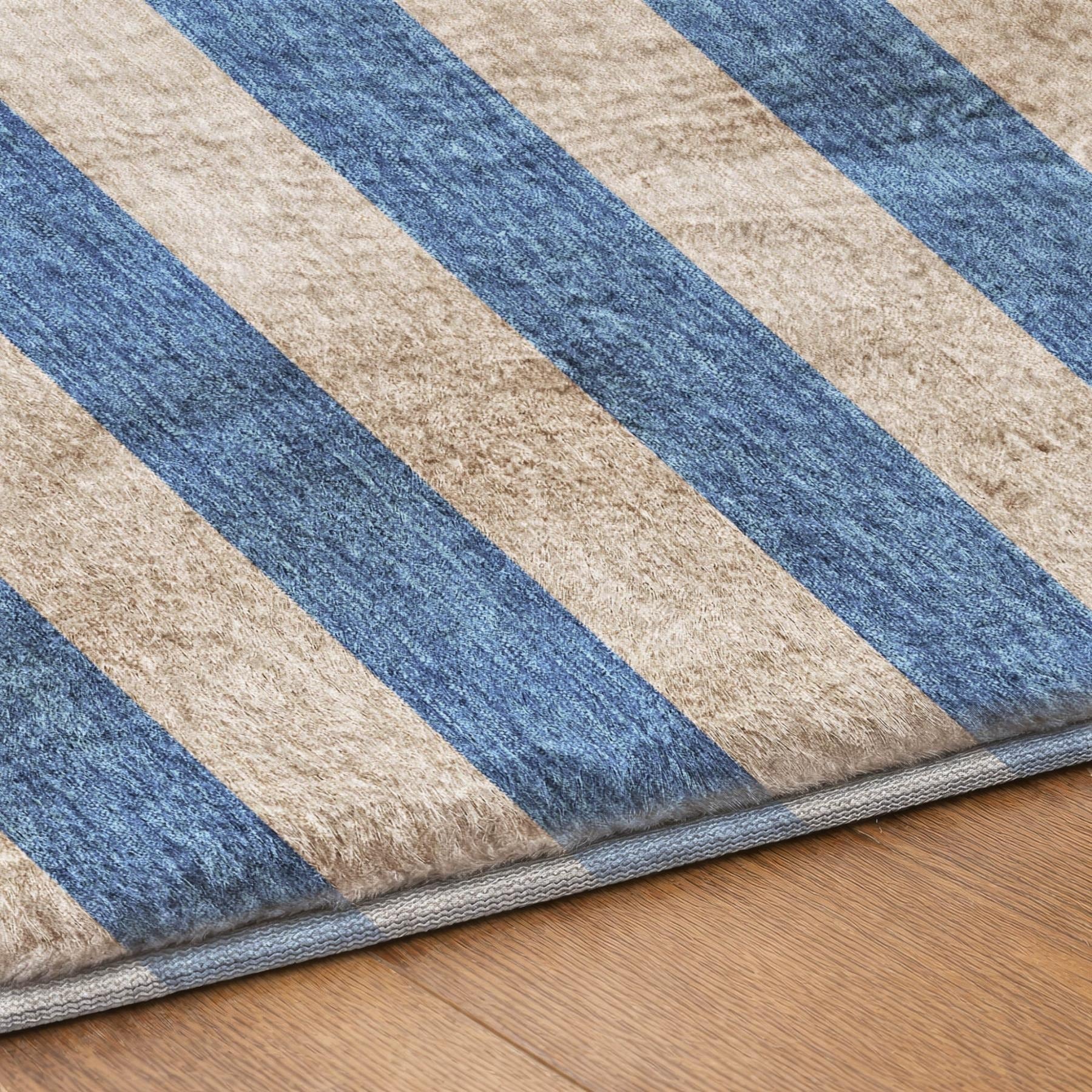 3' X 5' Tan And Navy Blue Striped Shag Washable Area Rug With UV Protection - Home & Garden