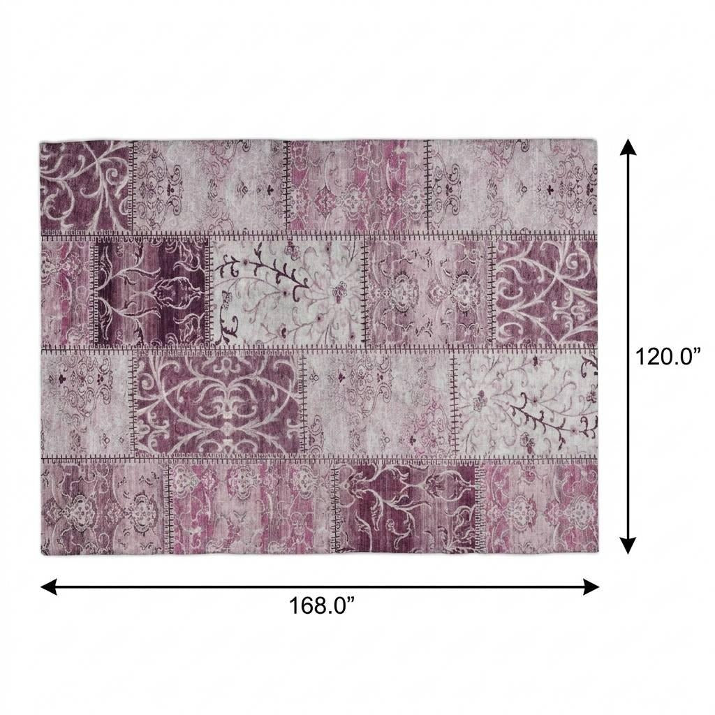 10' X 14' Burgundy And Eggplant Floral Shag Washable Area Rug With UV Protection - Home & Garden