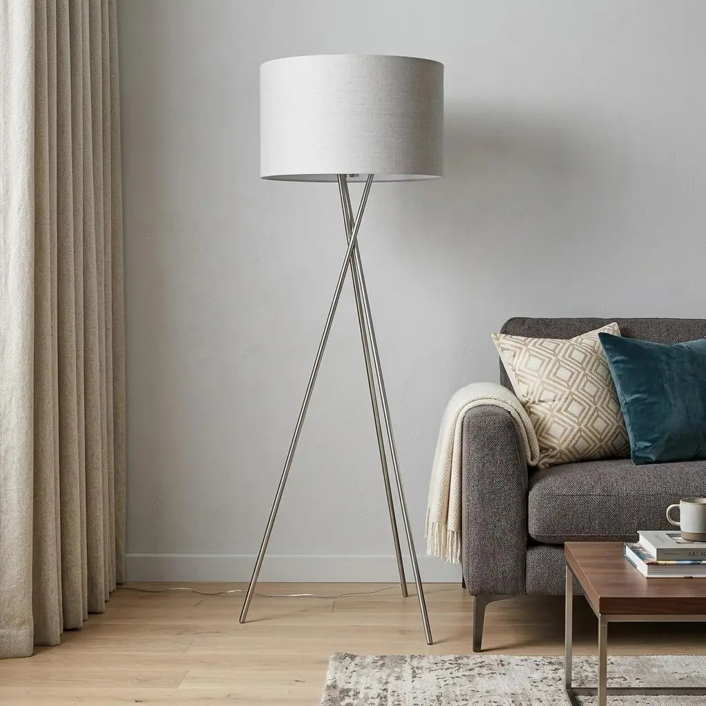 62" Beige Metal Tripod Floor Lamp With Beige Fabric Drum Shade Homeroots Lighting