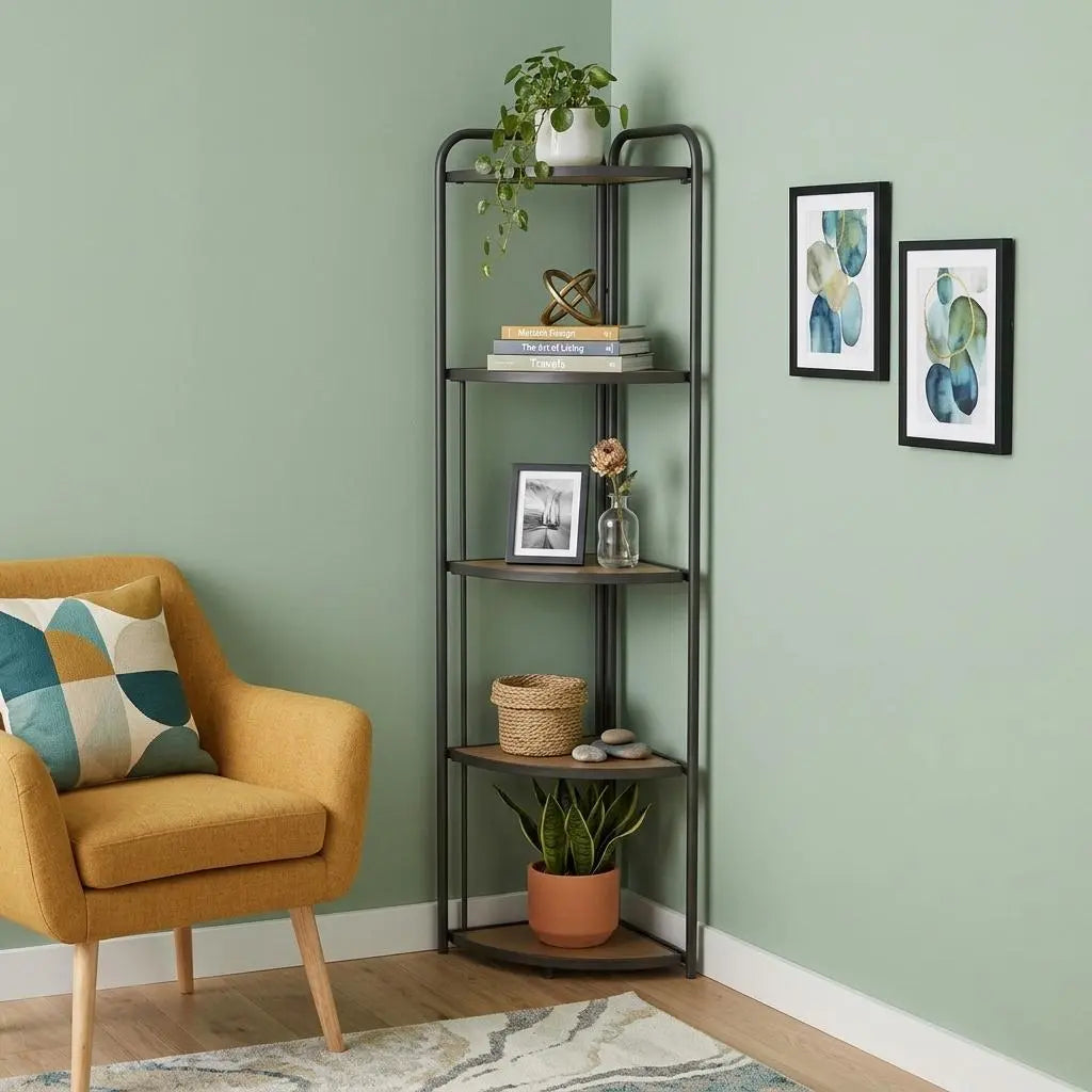 62" Black And Brown Metal and Wood Five Tier Corner Bookcase Homeroots Office