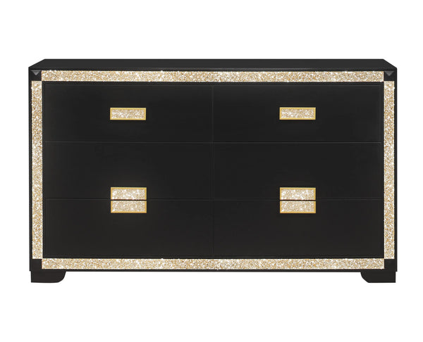 62" Black And Gold Faux Crystal Bling Wood Six Drawer Double Dresser Homeroots Bed & Bath