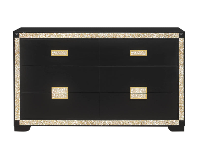 62" Black And Gold Faux Crystal Bling Wood Six Drawer Double Dresser Homeroots Bed & Bath