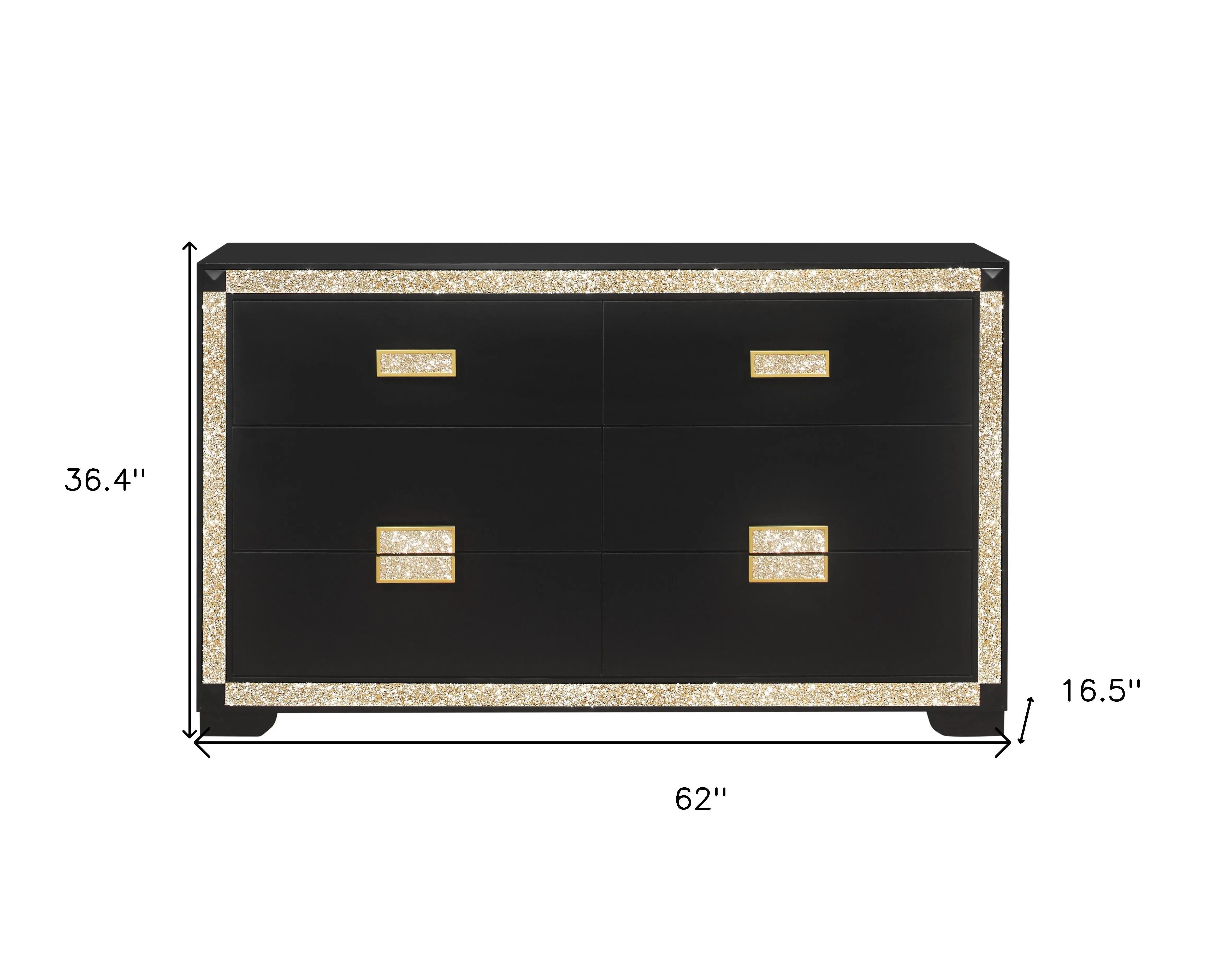 62" Black And Gold Faux Crystal Bling Wood Six Drawer Double Dresser Homeroots Bed & Bath