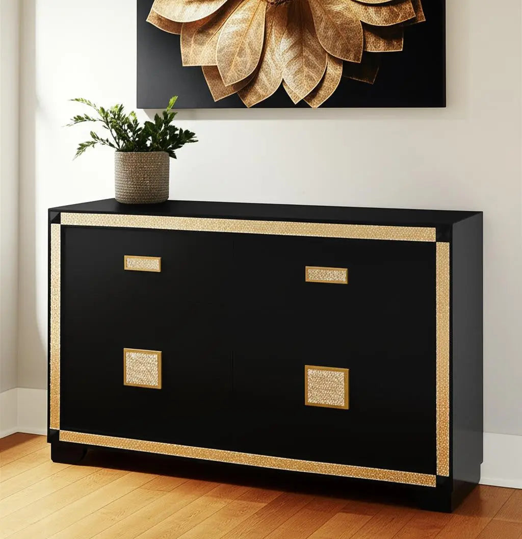 62" Black And Gold Faux Crystal Bling Wood Six Drawer Double Dresser Homeroots Bed & Bath