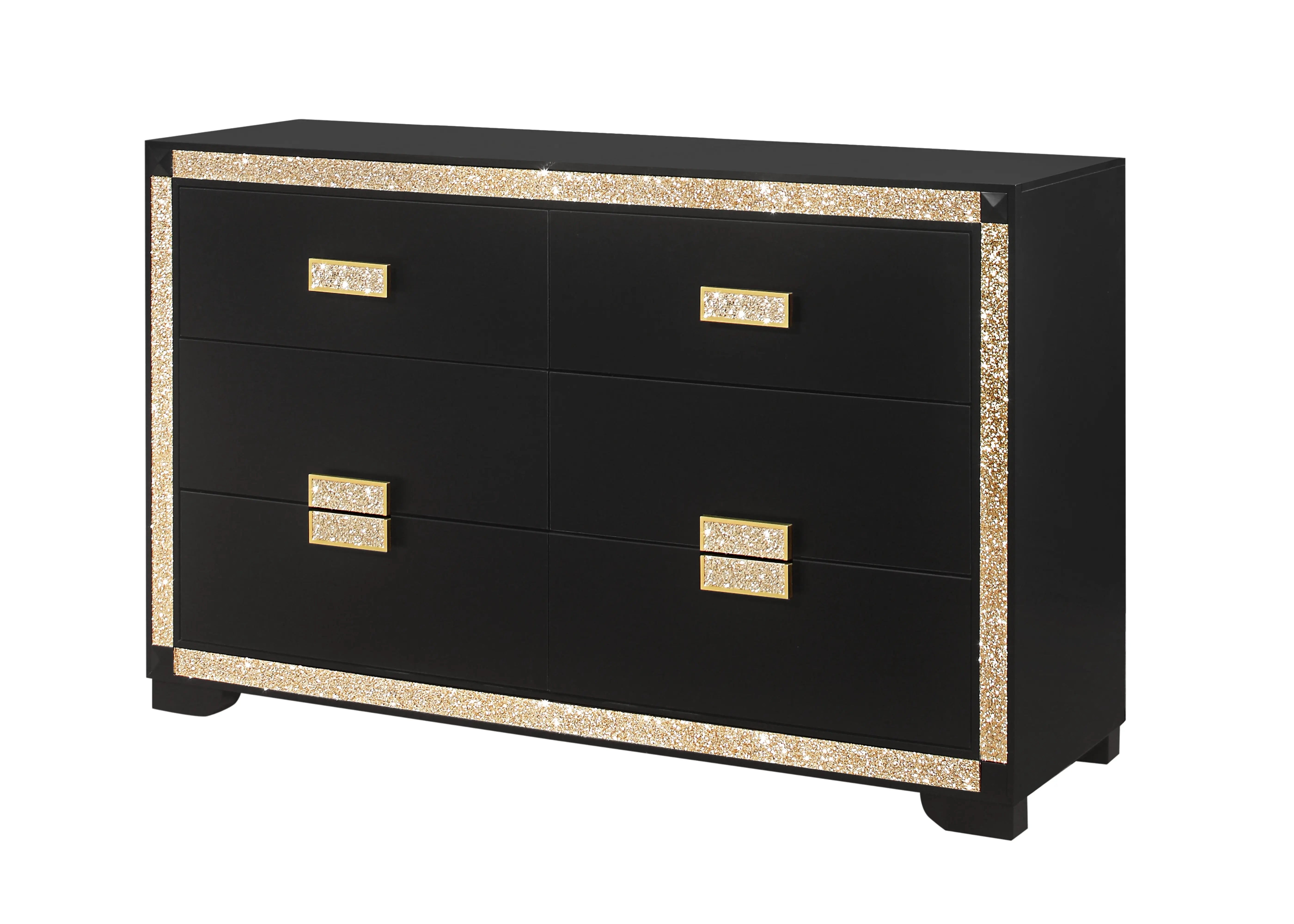 62" Black And Gold Faux Crystal Bling Wood Six Drawer Double Dresser Homeroots Bed & Bath