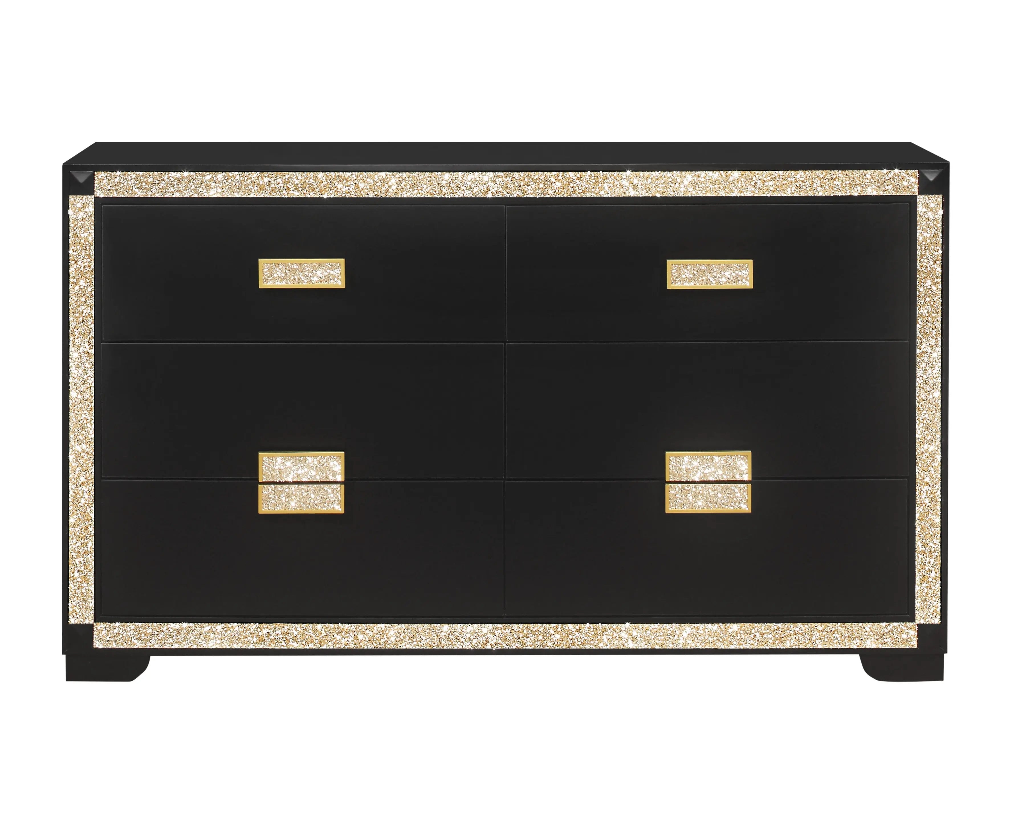 62" Black And Gold Faux Crystal Bling Wood Six Drawer Double Dresser Homeroots Bed & Bath