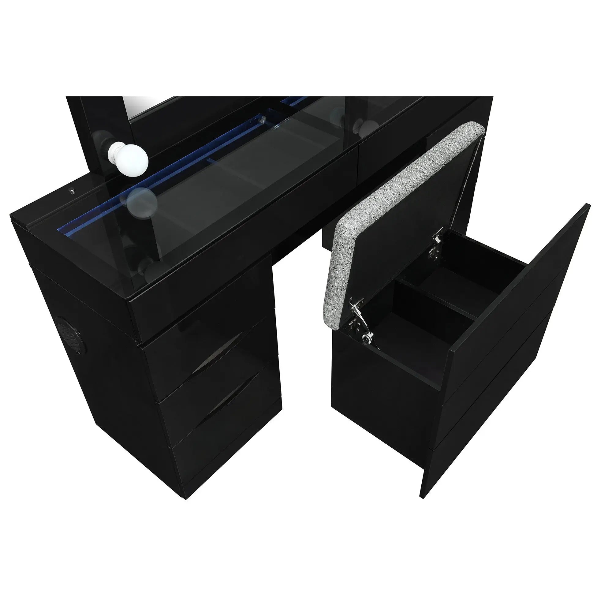 62" Black Wood And Glass Six Drawer Vanity Table With Mirror Seating And Lights Homeroots Living Room