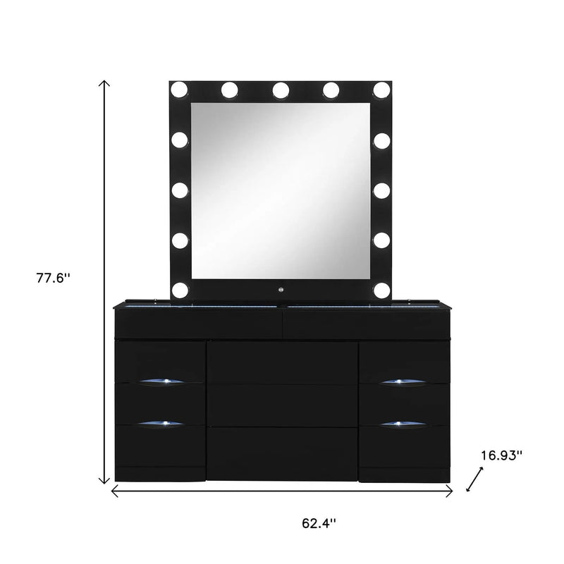 62" Black Wood And Glass Six Drawer Vanity Table With Mirror Seating And Lights Homeroots Living Room
