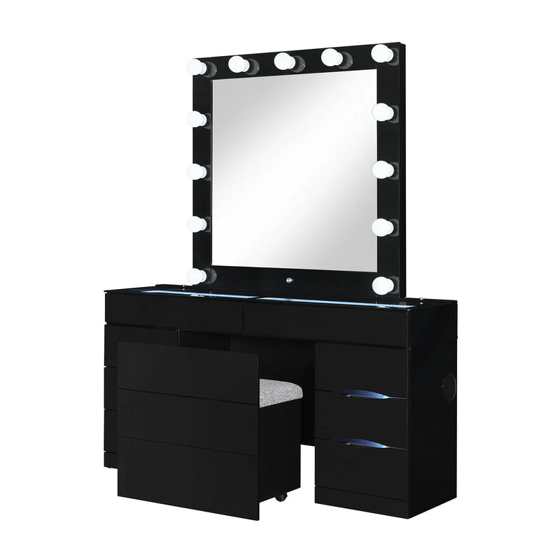 62" Black Wood And Glass Six Drawer Vanity Table With Mirror Seating And Lights Homeroots Living Room