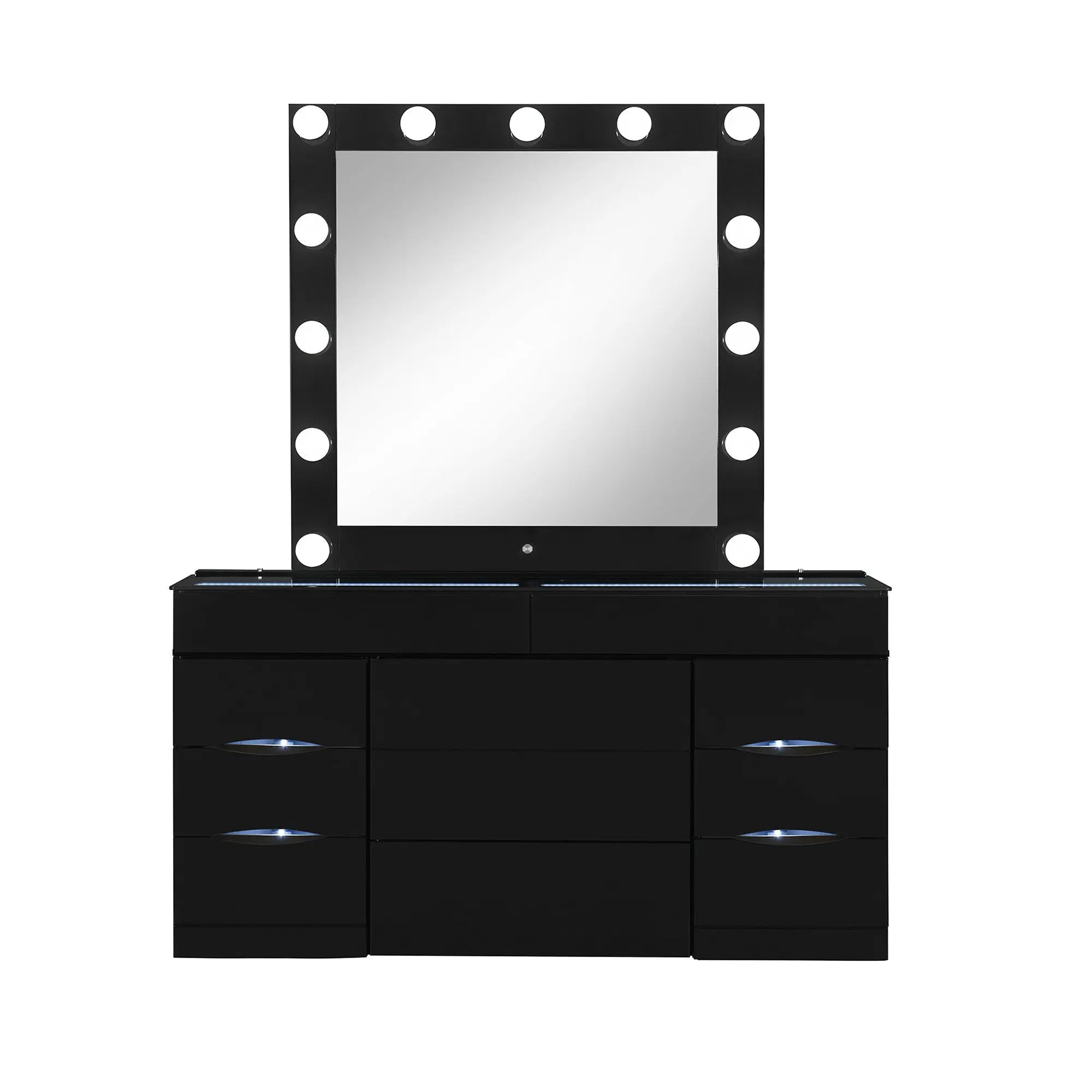 62" Black Wood And Glass Six Drawer Vanity Table With Mirror Seating And Lights Homeroots Living Room