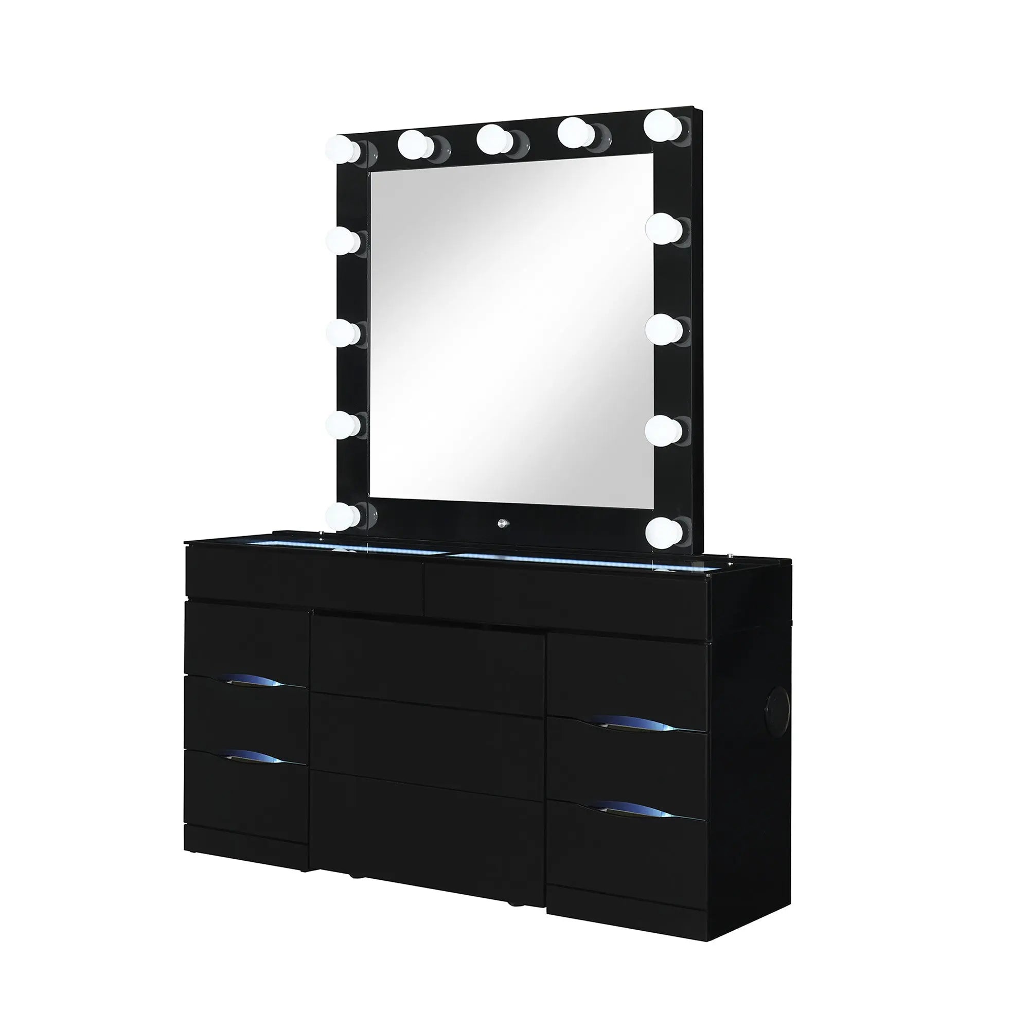 62" Black Wood And Glass Six Drawer Vanity Table With Mirror Seating And Lights Homeroots Living Room