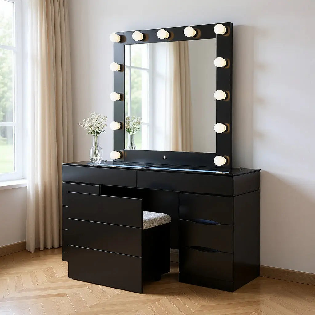 62" Black Wood And Glass Six Drawer Vanity Table With Mirror Seating And Lights Homeroots Living Room