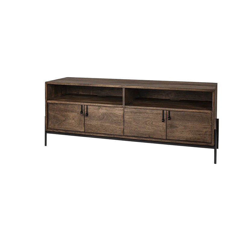62" Brown and Black Solid Wood Cabinet Enclosed Storage TV Stand Homeroots Living Room