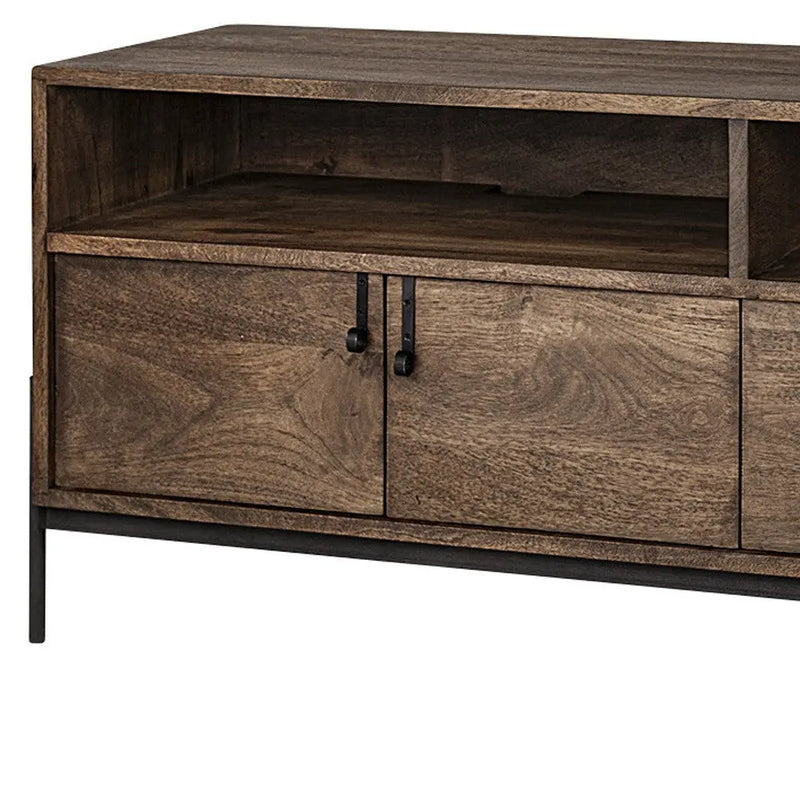 62" Brown and Black Solid Wood Cabinet Enclosed Storage TV Stand Homeroots Living Room