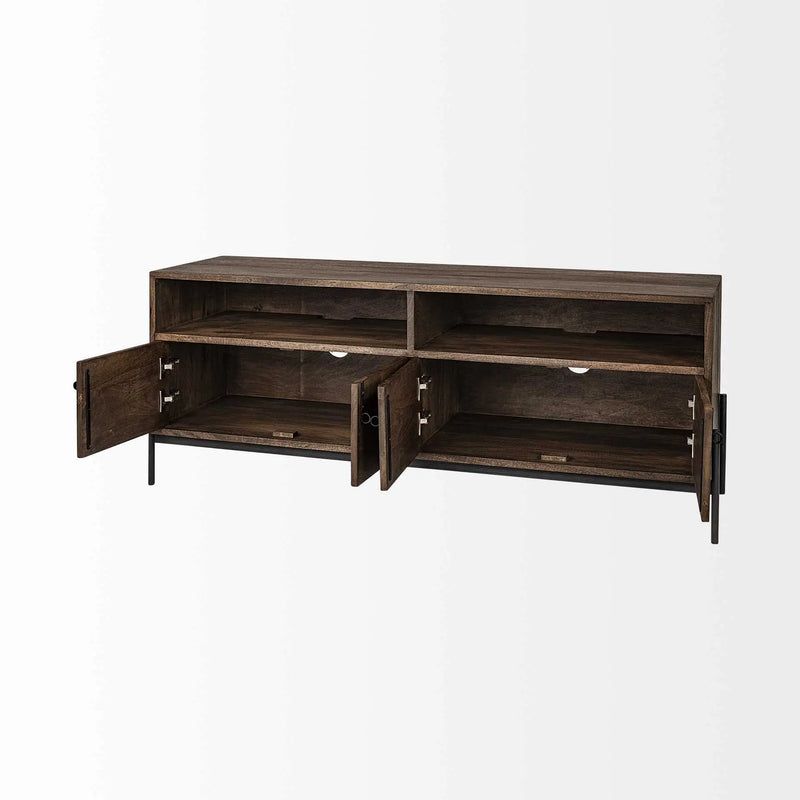 62" Brown and Black Solid Wood Cabinet Enclosed Storage TV Stand Homeroots Living Room