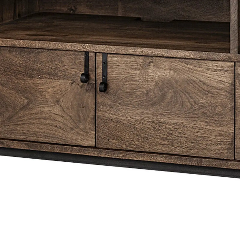 62" Brown and Black Solid Wood Cabinet Enclosed Storage TV Stand Homeroots Living Room