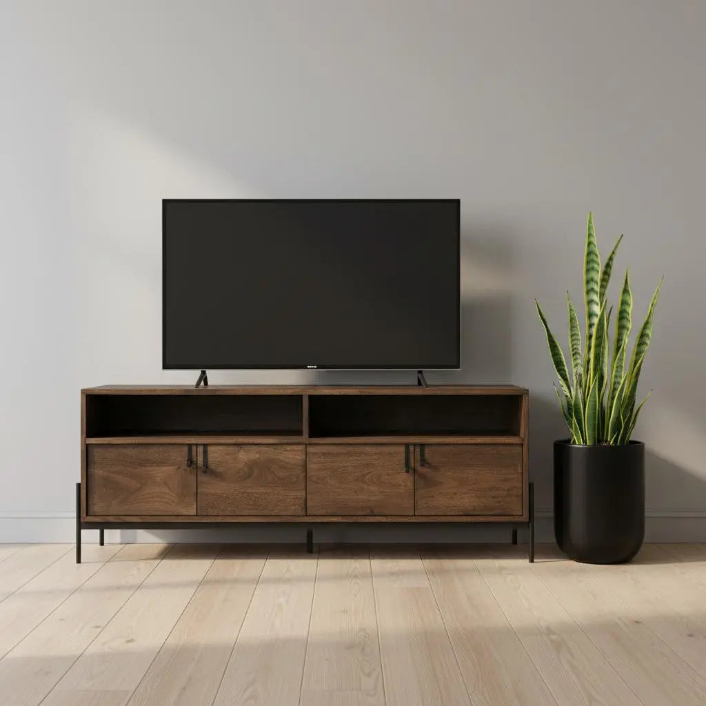 62" Brown and Black Solid Wood Cabinet Enclosed Storage TV Stand Homeroots Living Room