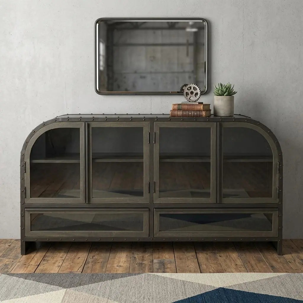 62" Dark Brown Iron Two Drawer Sideboard with Four Glass Doors Homeroots Kitchen & Dining